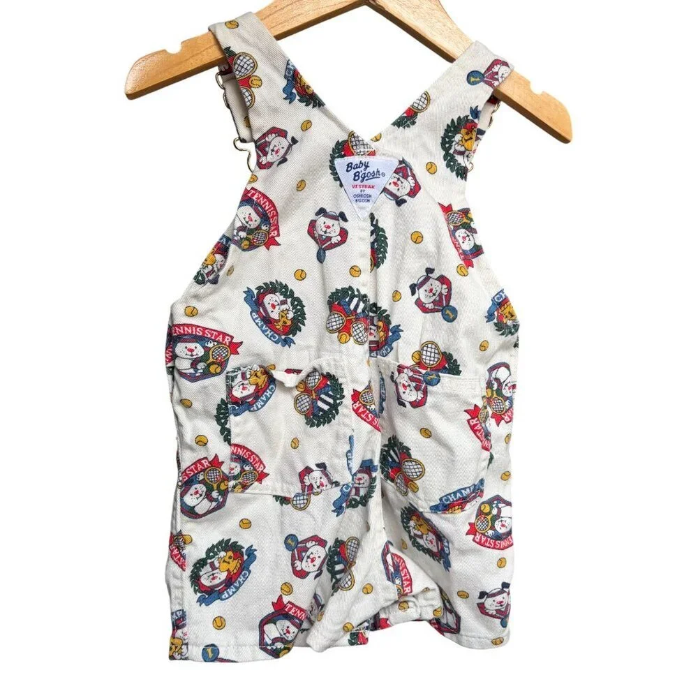 Vintage OshKosh Baby B'Gosh Overalls 80s Tennis Dog Print 18 Month Shortalls